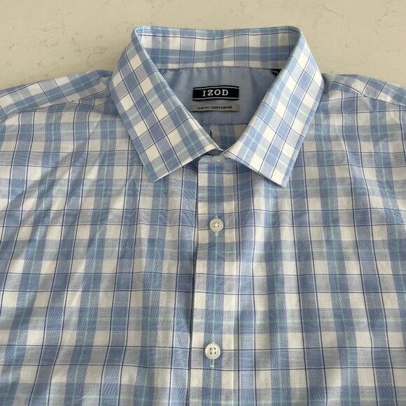 Izod Slim Fit LS Button Down Cotton Poly Plaid Dress Shirt Blue & Wht Sz 17.5 - Picture 5 of 13